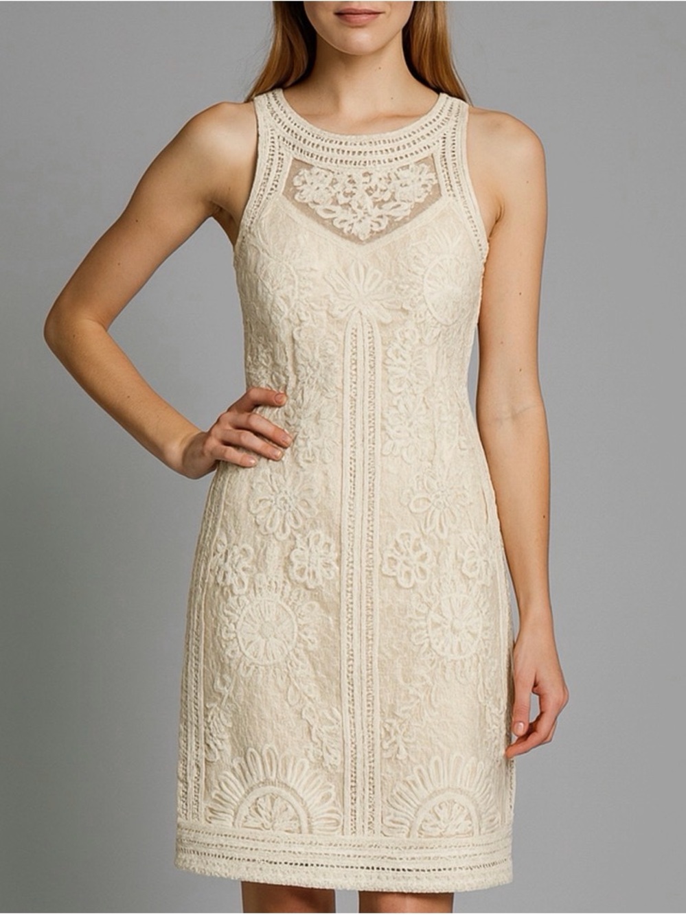 Sue Wong Ivory Crochet Lace Sleeveless Sheath Dress size 4